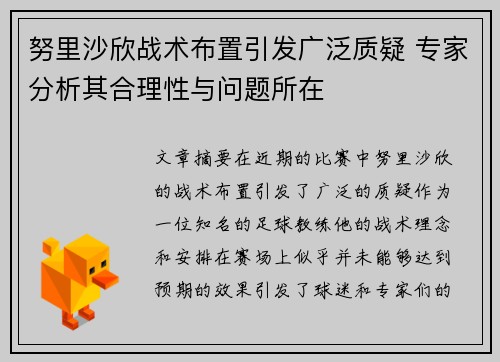 努里沙欣战术布置引发广泛质疑 专家分析其合理性与问题所在