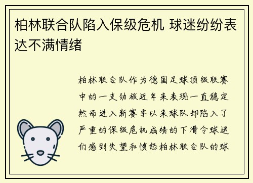 柏林联合队陷入保级危机 球迷纷纷表达不满情绪