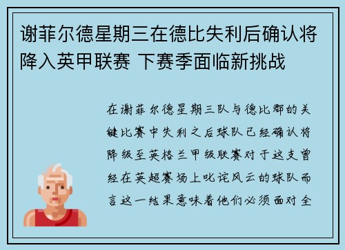 谢菲尔德星期三在德比失利后确认将降入英甲联赛 下赛季面临新挑战