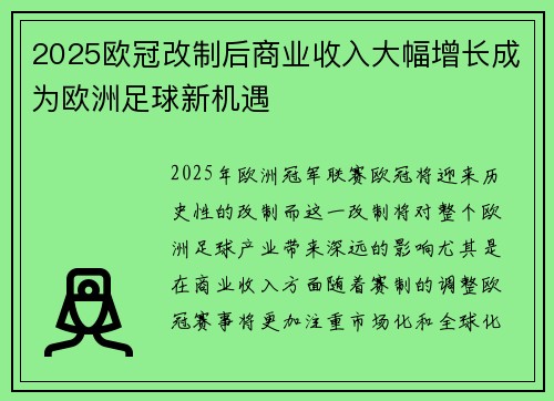 2025欧冠改制后商业收入大幅增长成为欧洲足球新机遇