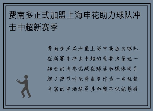 费南多正式加盟上海申花助力球队冲击中超新赛季